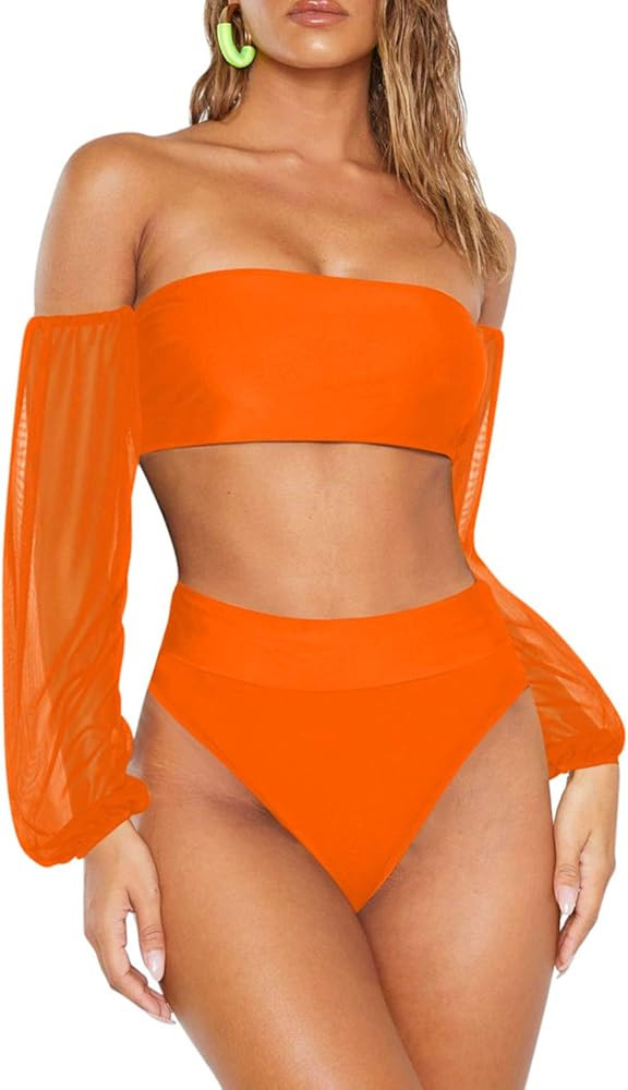 Women's High Waisted Bandeau Cheeky Bikini Puff Sleeve 2 Piece Swimsuit | Amazon (US)