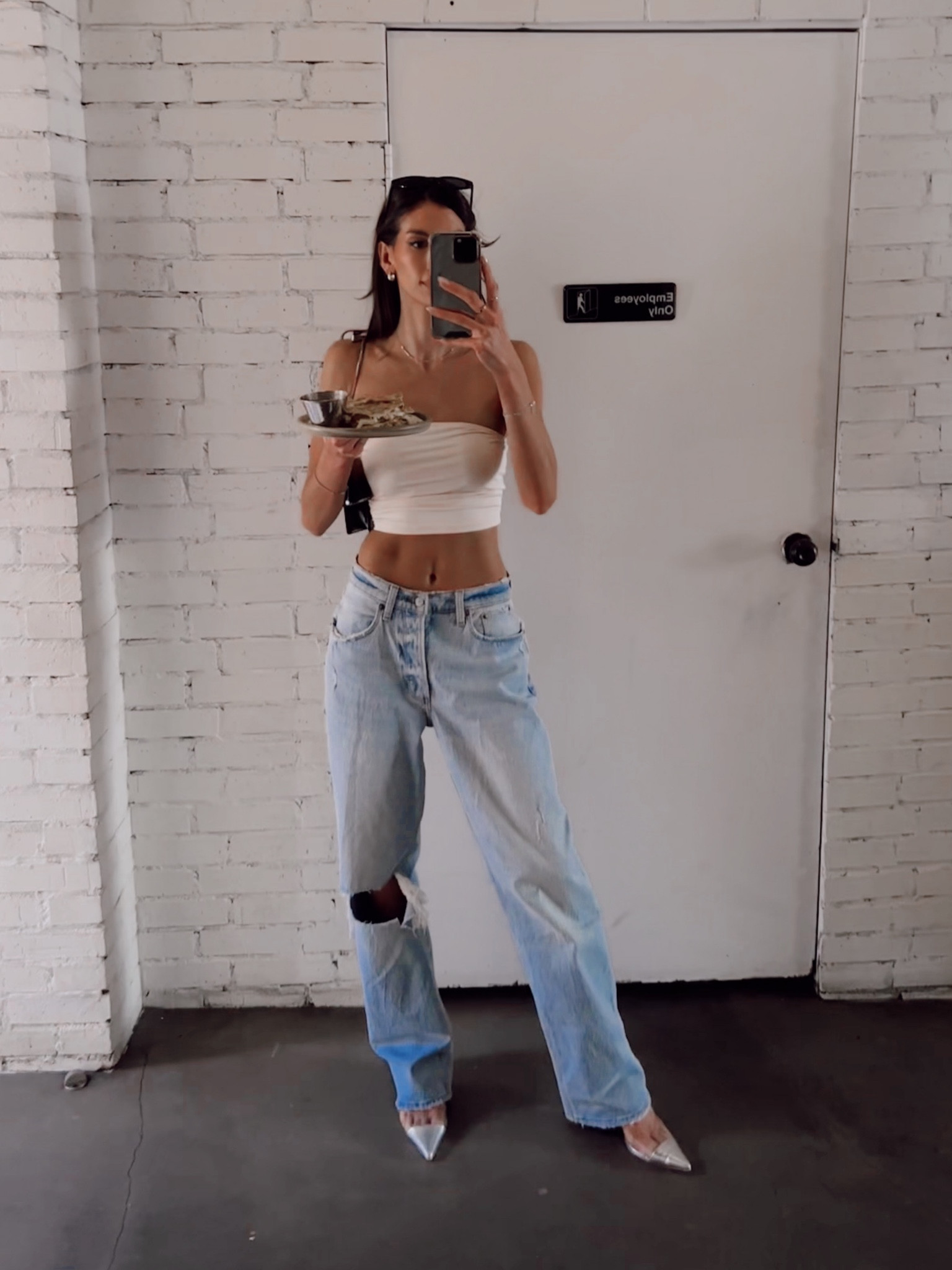 Wide leg ripped light wash denim + silver pointed toe heels 🤍🩶💙 

#LTKshoecrush #LTKstyletip #LTKSeasonal