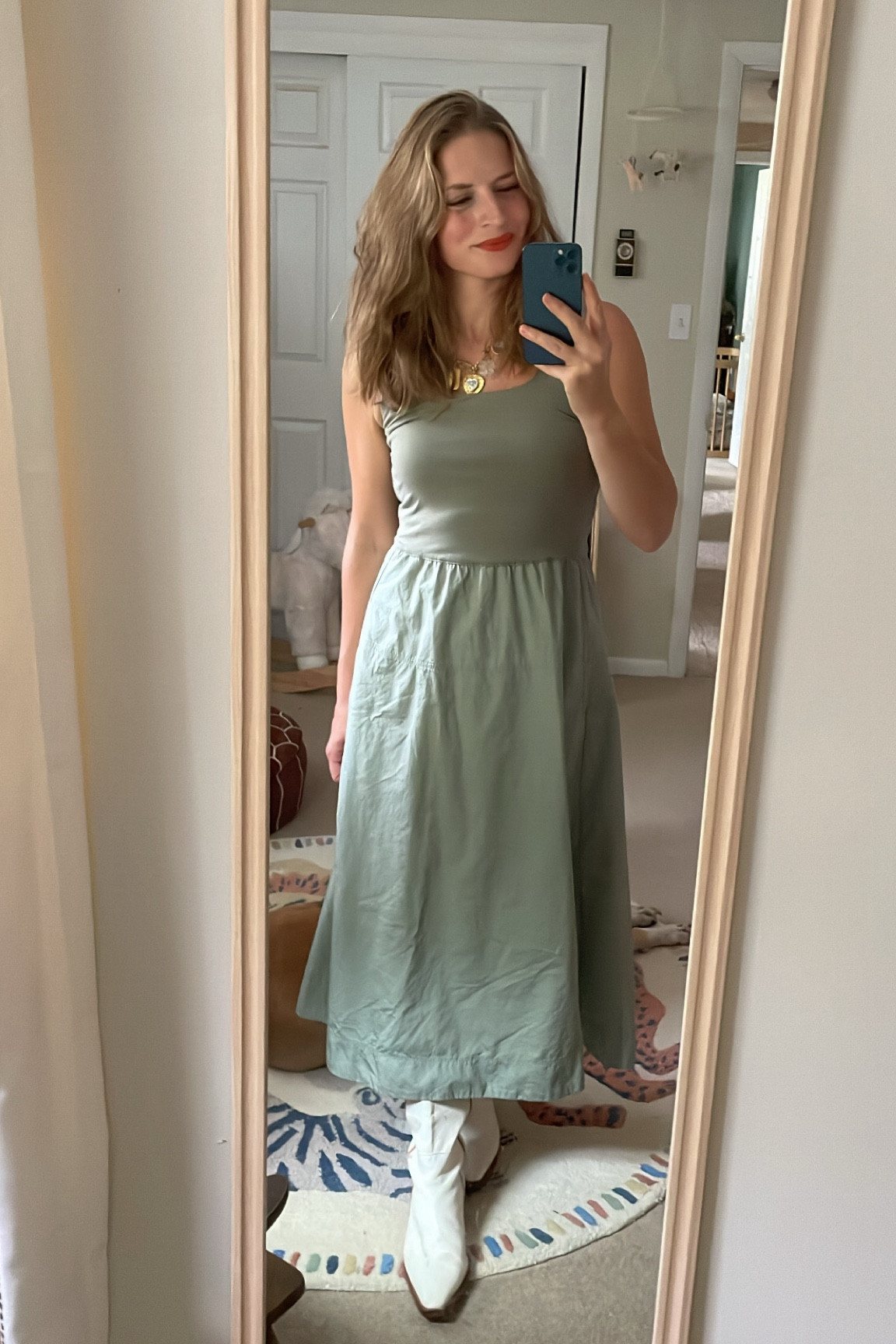 MIDI dress, summer to fa transition, charm necklace, cowboy boots, cowgirl boots, red lipstick,
Orange lipstick, affordable beauty, ootd 