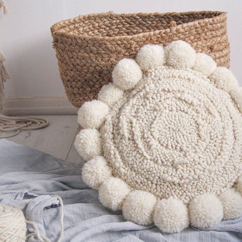 Round textured pompom cushion handmade using punch needle | Etsy | Etsy (UK)