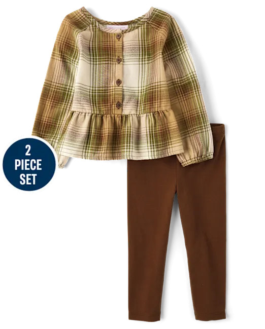 Toddler Girls Long Sleeve Plaid Peplum Top And Leggings 2-Piece Outfit Set - TRULY OLIVE | The Ch... | The Children's Place