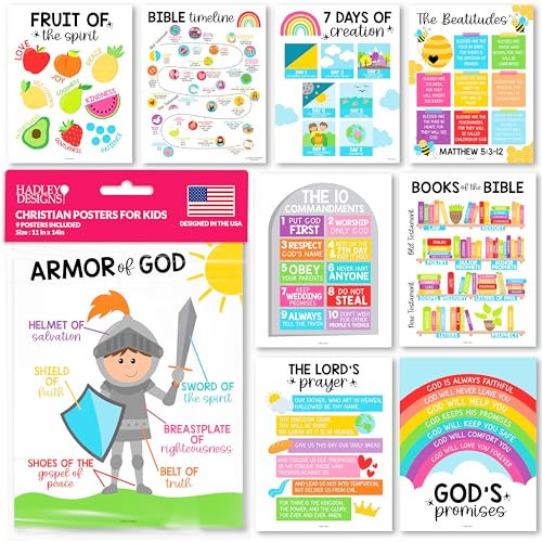 Hadley Designs Sunday School Decorations for Classroom –9 Bible Posters for Kids, Books of the Bible, 10 Commandments, Bible Timeline Chart, Fruits of the Spirit, Rainbow Christian Classroom Decor | Amazon (US)