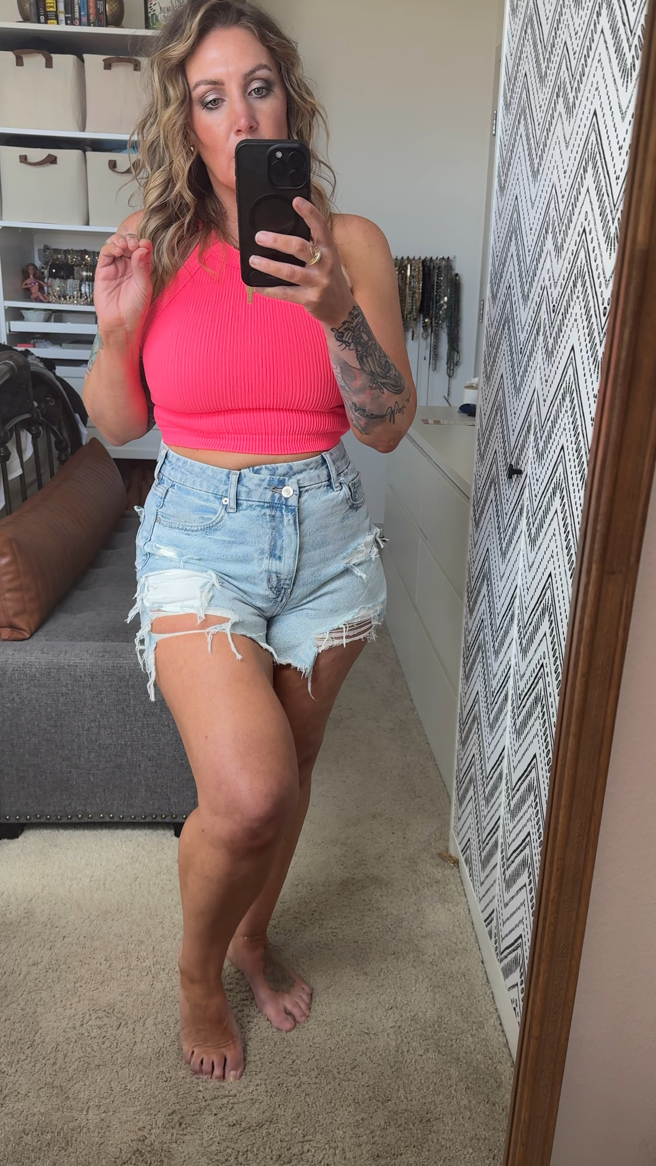 The best denim shorts I have found so far! Run and grab these. I sized up because these are real denim but the waist band has some stretch so going to order my normal size 6. 
30% OFF right now! Also this top is so soft and comfy! 

#LTKover40 #LTKsalealert #LTKstyletip