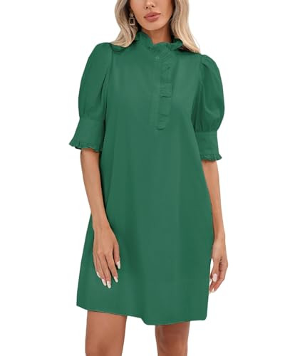 YEXPINE Women's Puff Short Sleeve Stand Ruffle Collar Summer Dress Casual A Line Shift Mini Dress with Pockets Green | Amazon (US)