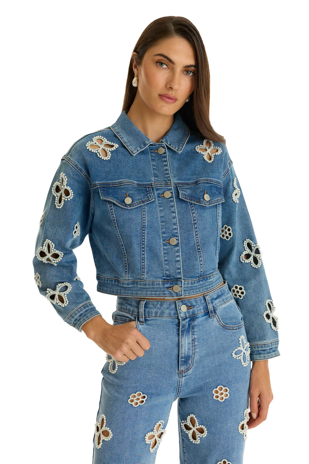 Kaia Pearl Jean Jacket - Medium Blue | The Noli Shop