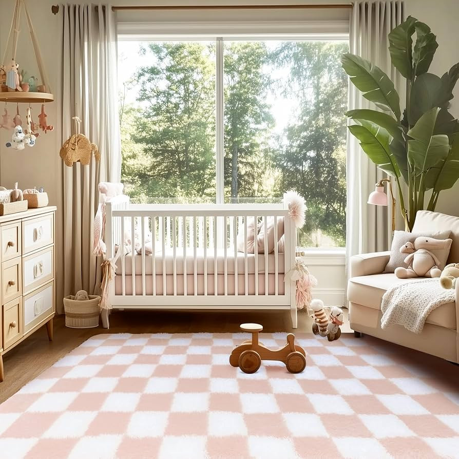 Soft Rugs for Living Room, 3x4.8 Ft Pink and White Checkered Fluffy Shaggy Rugs for Indoor Use, H... | Amazon (US)