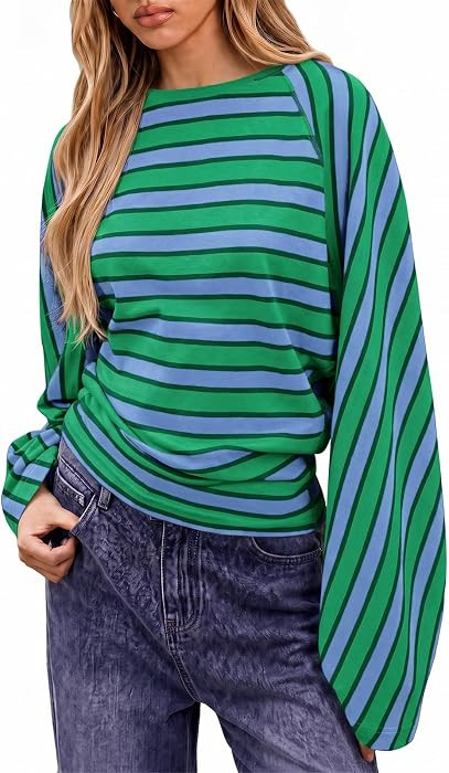 Tankaneo Womens Long Bell Sleeve Striped T-Shirt Y2K Batwing Going Out Top | Amazon (US)