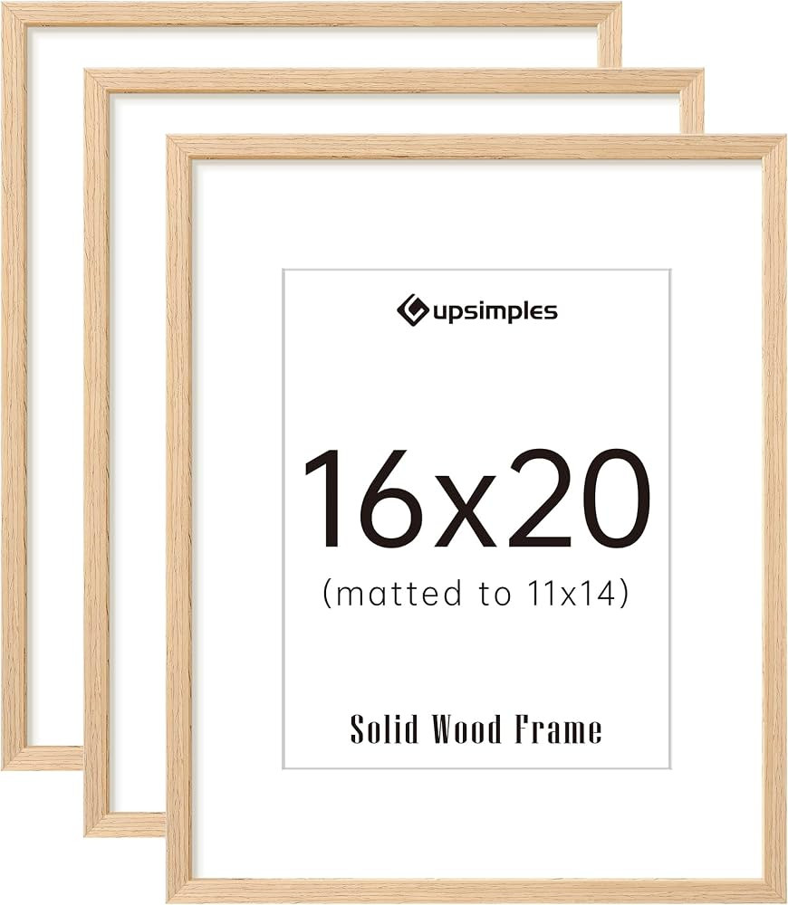 upsimples 16x20 Frames Set of 3, Natural Solid Wooden Picture Frames, Display 11x14 with Mat or 1... | Amazon (US)