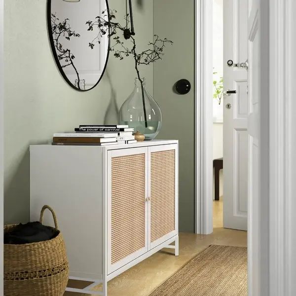 Beach Rattan 2 Door Storage Cabinet, Boho White Sideboard Buffet with Doors and Adjustable Shelf,... | Bed Bath & Beyond