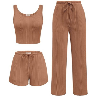 Ekouaer Women's 3 Piece Lounge Set Soft Twisted Rib Knit Summer Vacation Outfits Crop Top Shorts & Pants Set With Pokcet Light Brown S | Target