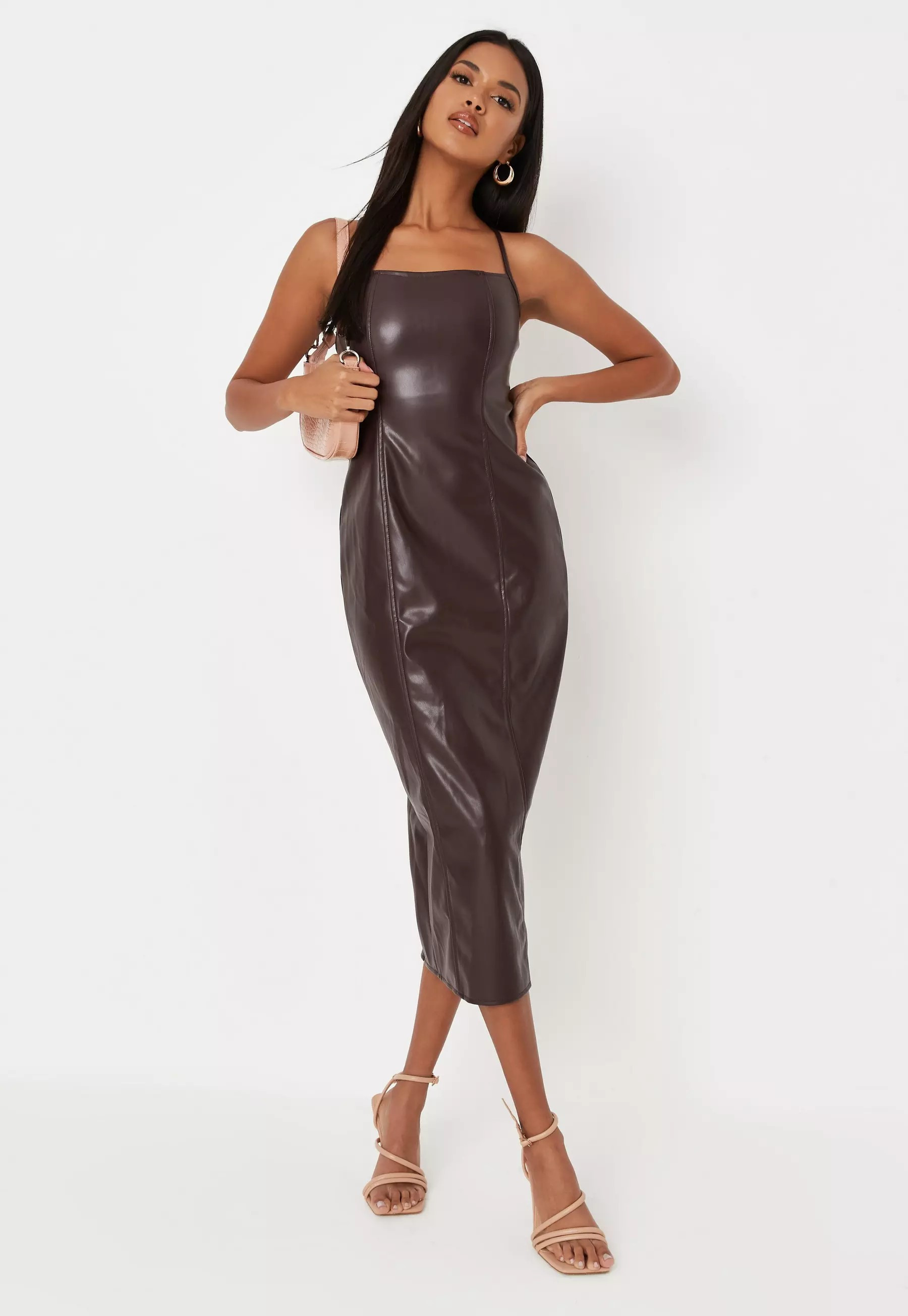 Chocolate Faux Leather Cross Back Midaxi Dress | Missguided (US & CA)