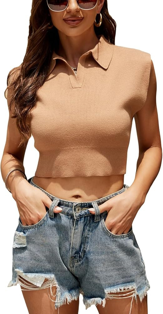 Velius Women's V Neck Collared Sleeveless Polo Tee Shirt Tank Crop Tops | Amazon (US)