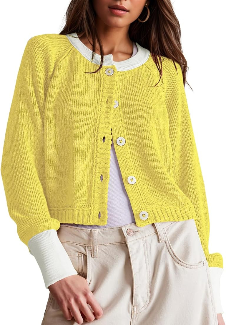 Women's Cropped Cardigan Sweaters Fall Long Sleeve Open Front Cardigans Button Down Color Block C... | Amazon (US)