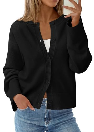 KIRUNDO Cardigan Sweaters for Women 2026 Fall Oversized Puff Long Sleeve Button Up Casual Spring Chunky Vacation Outfits(Black, Medium) | Amazon (US)