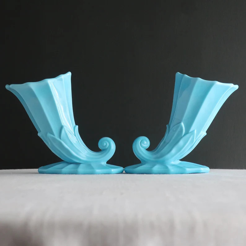 Pair of Blue Milk Glass Vases by Westmoreland - Cornucopia Horn of Plenty Turquoise | Etsy (US)