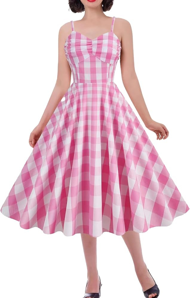 Women's Halter Gingham Dress Vintage Spaghetti Strap Plaid Dress A-line Cocktail Swing Dresses | Amazon (US)