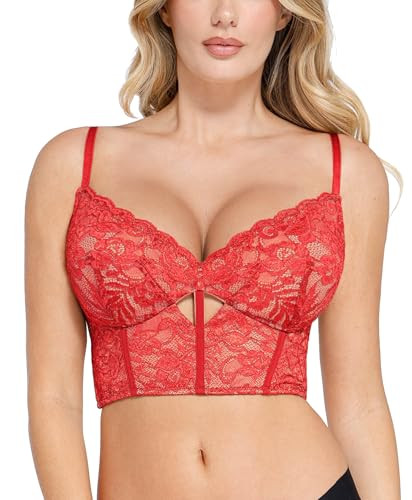Popilush Red Corset Tops for Women Big Bust Lace Bralette Deep V Neck Bustier Corsets Top Going Out Outfits | Amazon (US)
