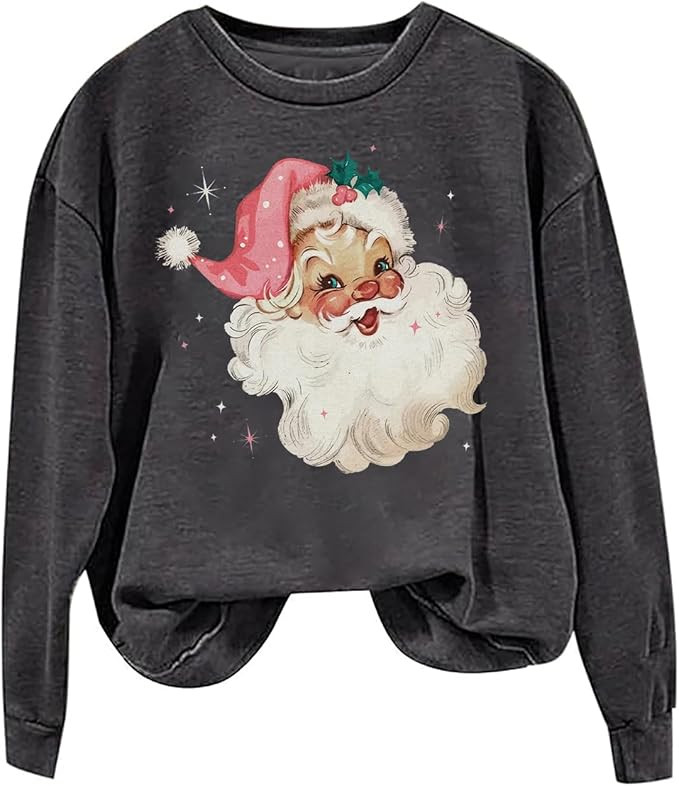 MYCHTE Retro Pink Santa Christmas Sweatshirt Women Vintage Santa Claus Graphic Tee Casual Long Sl... | Amazon (US)