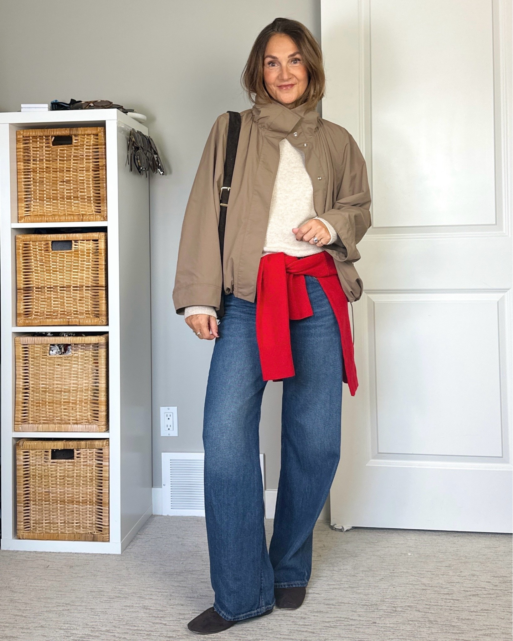 Fall outfit, I’m loving funnel neck jackets and wearing a sweater around my waist for a pop of colour.
I’m 5’ 7” wearing my usual size S in the jacket and both sweaters and 27 in the wide leg jeans. They are half lyocell which makes them soft and slouchy, feel like jeans you’ve had for ages. 
The ballet flats I was choosing between:
- left: suede Steve Madden: fit true to size and come in a few colors
- right: leather Jeffry Campbell: fit a little snug, I size up 1/2 size, come in a few colors.
My suede bag is old, I linked a similar one from the same brand

#LTKcanada #LTKfall #LTKshoes