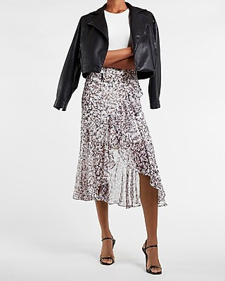 High Waisted Printed Ruffle Hi-Lo Maxi Skirt | Express