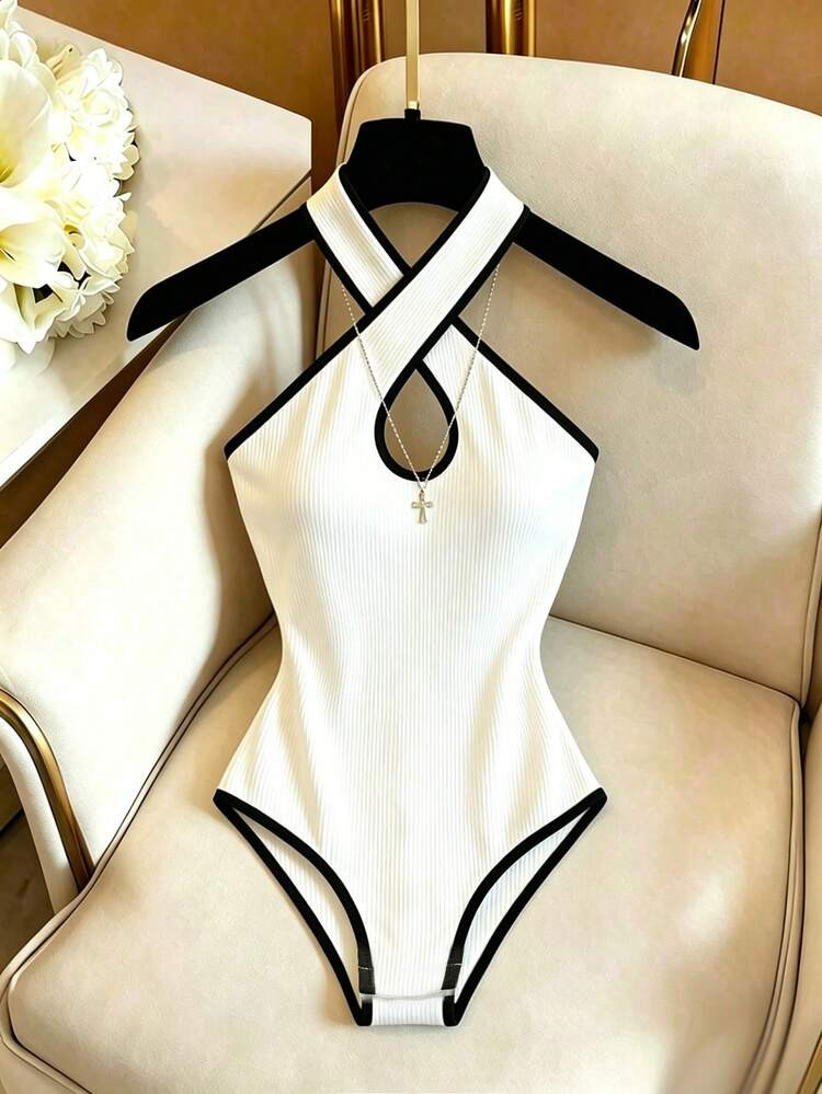 Franclia Women's Ribbed, Fitted Halter-Neck Bodysuit With Contrasting Trim And Straps; Elegant White Bodysuit; White Top; White Single-Piece Bodysuit; Fitted Bodysuit; Suitable For Pairing With Sophisticated Work Attire; Summer, Summer Vacation Wear, Spring, Spring Women's Wear, Beach Wear, Birthday Wear, Birthday Dress, Outdoor Wear, Vacation Wear, Casual Wear; Y2K Style, Graduation Season Attire; Versatile And Fashionable Everyday Casual White Halter-Neck Bodysuit; Elegant Women's Beach Swimwear; Women's Sportswear; Women's Fitness Sets.Sports,Luxury,Formal,Work Outfits For Women,Country Concert Outfit,Graduation Season Attire, Fashionable Casual Commuter Wear, Business Office Wear, Versatile And Stylish Everyday Casual Wear, Urban Teacher's Professional Attire | SHEIN
