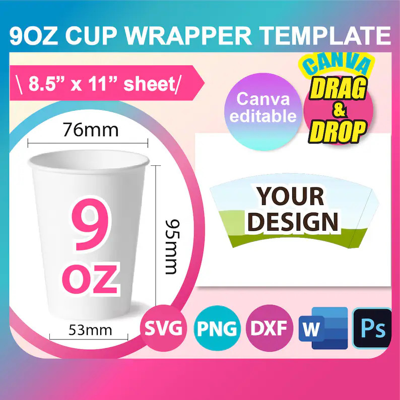 9oz Cup Wrapper Template, SVG, DXF, Ms Word Docx, Canva, Png, Psd, 8.5"x11" Sheet, Printable - Et... | Etsy (US)