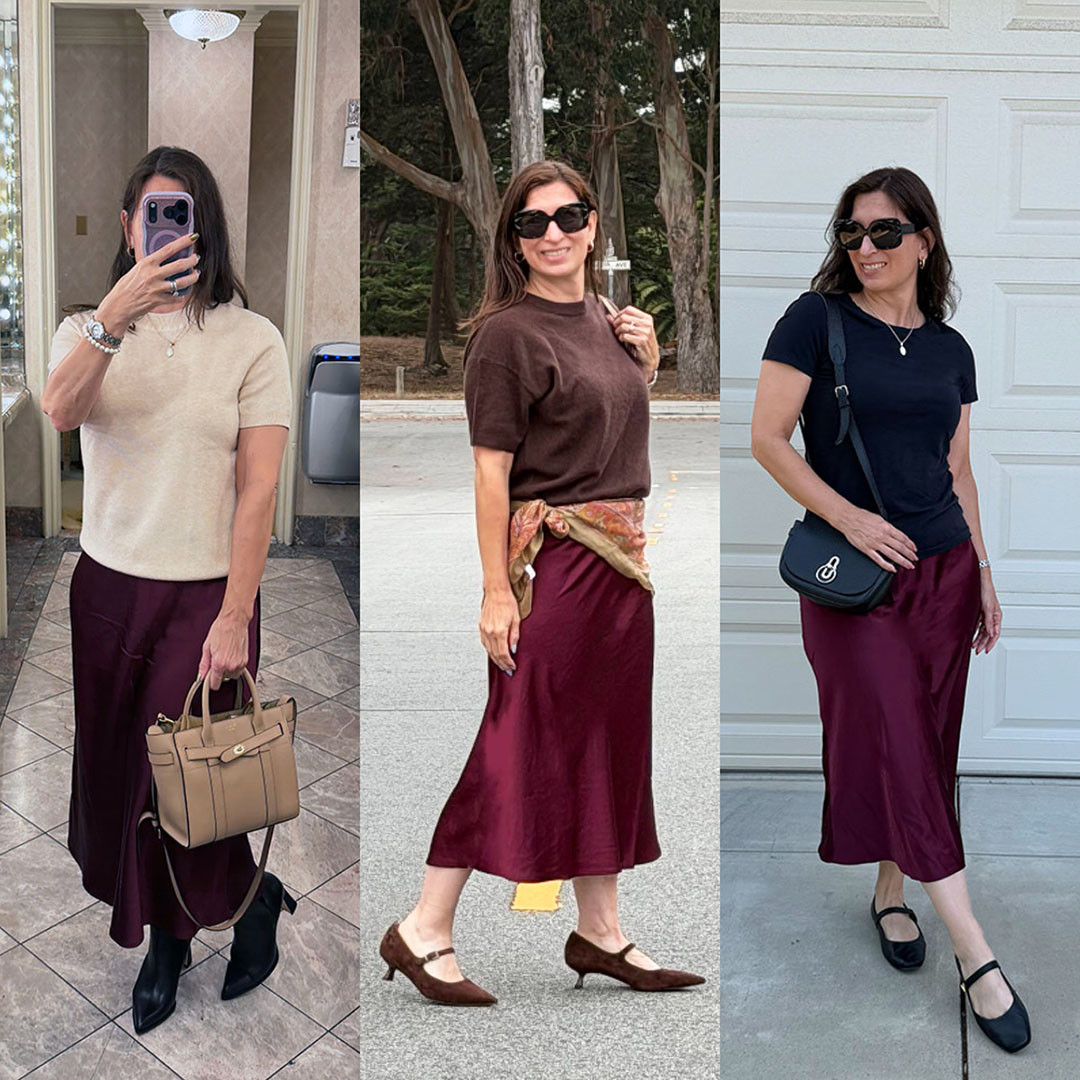 Satin skirt on repeat. I love this satin skirt for fall, plus it's under $50! Love that! When the holidays roll around, I can pair it with a sequin top, velvet, and a Christmas sweater! Love that! 

 #LTKootd #LTKOver40