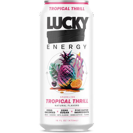 Lucky Energy Sugar Free Energy Drinks 16 fl oz Can, Tropical Thrill with Maca, Ginseng, Taurine, Beta-Alanine, 200mg Caffeine, Zero Calories | Walmart (US)