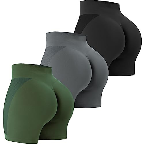 VVX 3 Piece Workout Shorts Womens Seamless High Waist Butt Lifting Scrunch Yoga Gym Shorts - Black/Gray/Green S | Amazon (US)