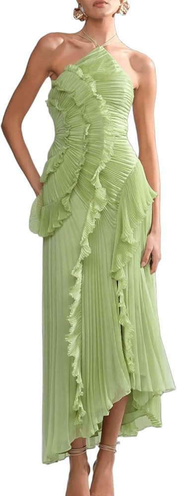 Halter Neck Ruffle Maxi Dress for Women Elegant Pleated High Low Asymmetrical Flowy Wedding Guest... | Amazon (US)
