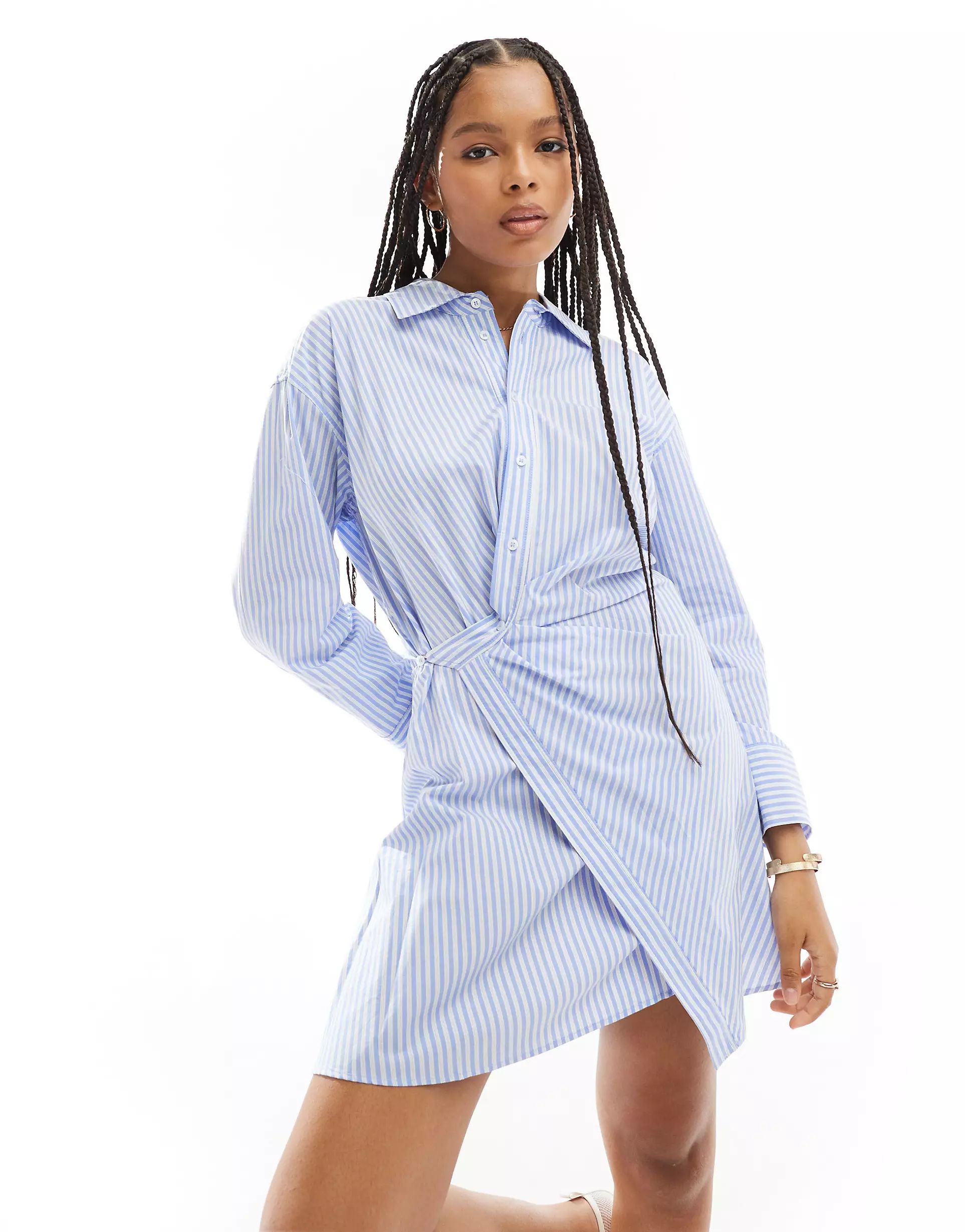 Mango wrap side striped dress in light blue | ASOS (Global)