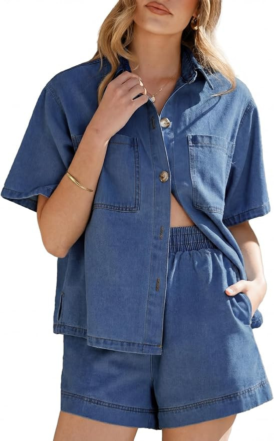 Sidefeel Womens 2 Piece Sets Denim Summer Outfits Comfy Short Sleeve Button Down Shirt High Waist... | Amazon (US)