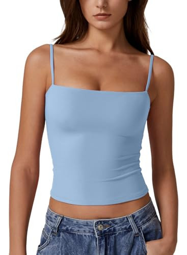 QINSEN Women's Basic Solid Cami Undershirt Spaghetti Strap Double Layer Crop Tank Top Light Blue S | Amazon (US)