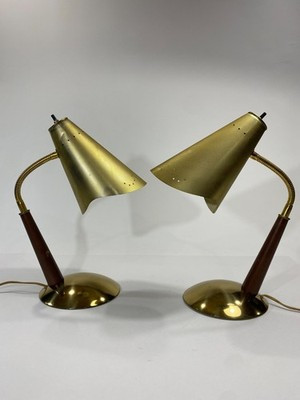 MCM Brass Wood Cone Lamps Pair 1950s Perforated Shades Table Top Working Set | eBay US