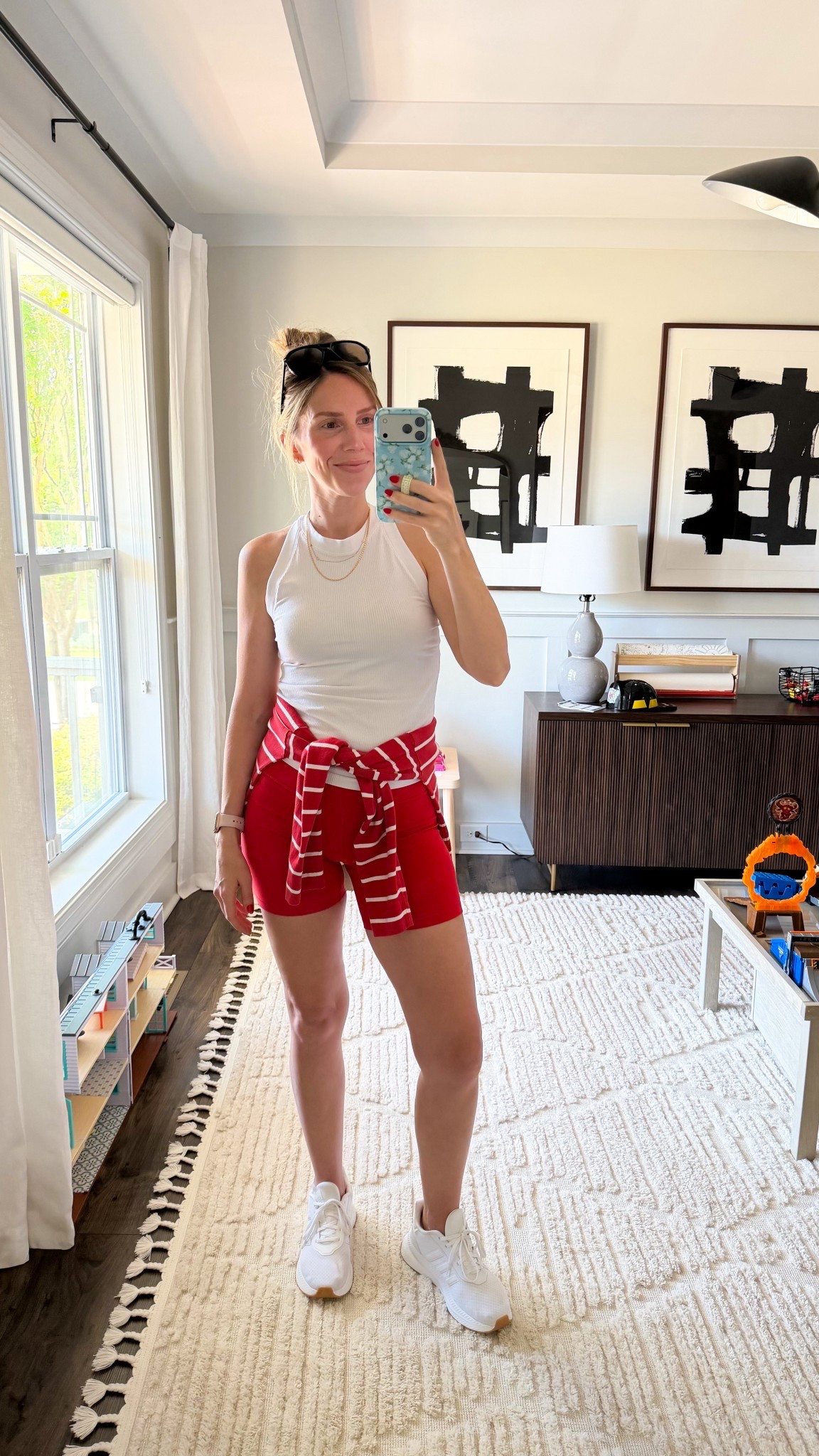 From my workout to mommin’ 👌🏼 the tank I’m wearing is the discontinue racerback version of the one I linked - have had for years! Sized up 1 in bike shorts 