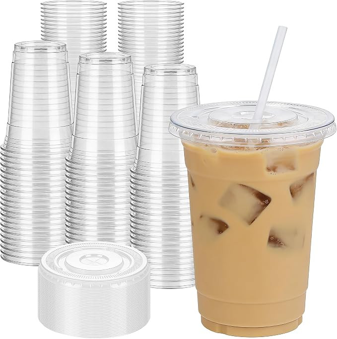 Zcaukya 100 Pack 16oz Plastic Cups with Lids and Straws, Disposable Clear Cups for Iced Coffee, S... | Amazon (US)
