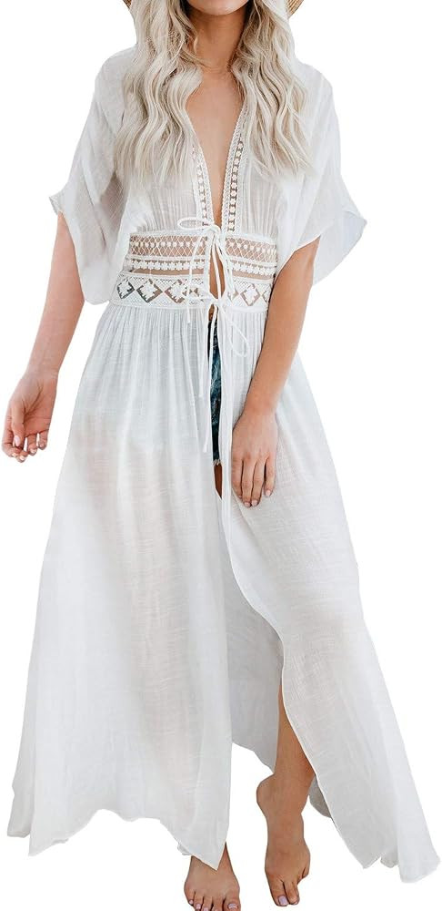 Womens Long Lace Cover up Sheer Bikini Coverups Kimono Tie Front Bathing Suit Swimsuit Beachwear | Amazon (US)