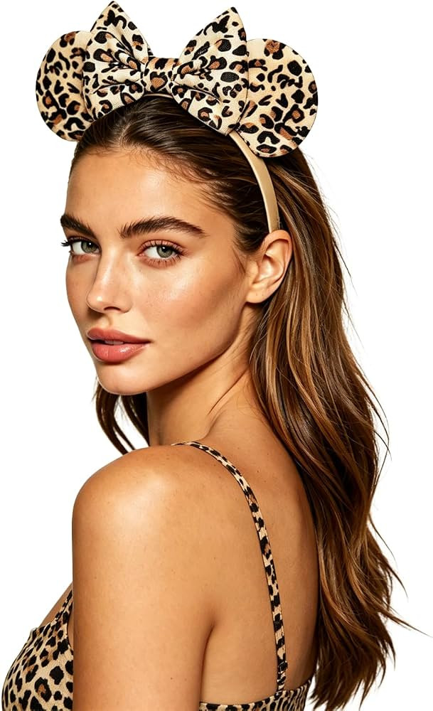 Leopard Print Mouse Ears Headband for Women, Leopard Fuzzy Bows Park Ears, Cute Hair Band | Amazon (US)