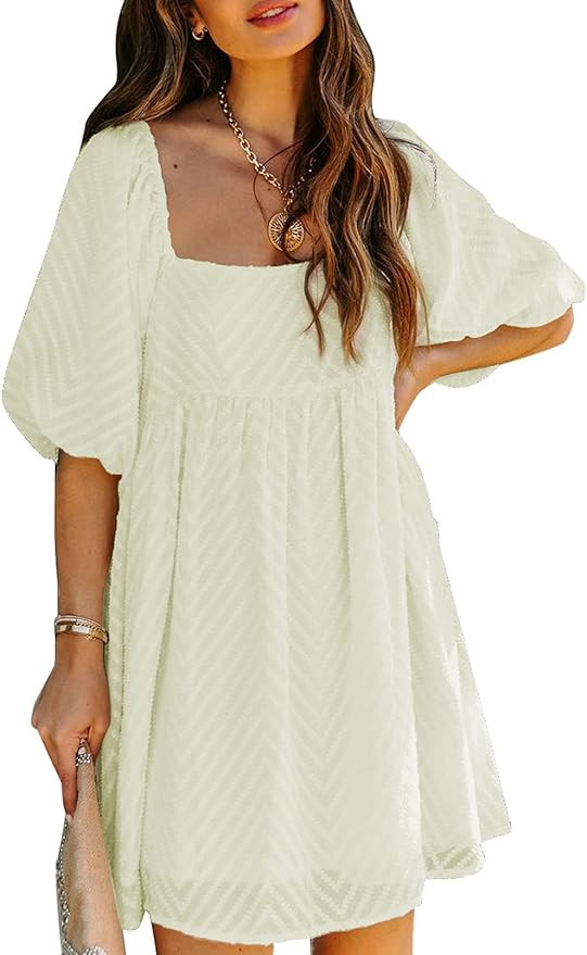 Dokotoo Womens Summer Dress Square Neckline Textured Puff Sleeve Chiffon Mini Dresses | Amazon (US)