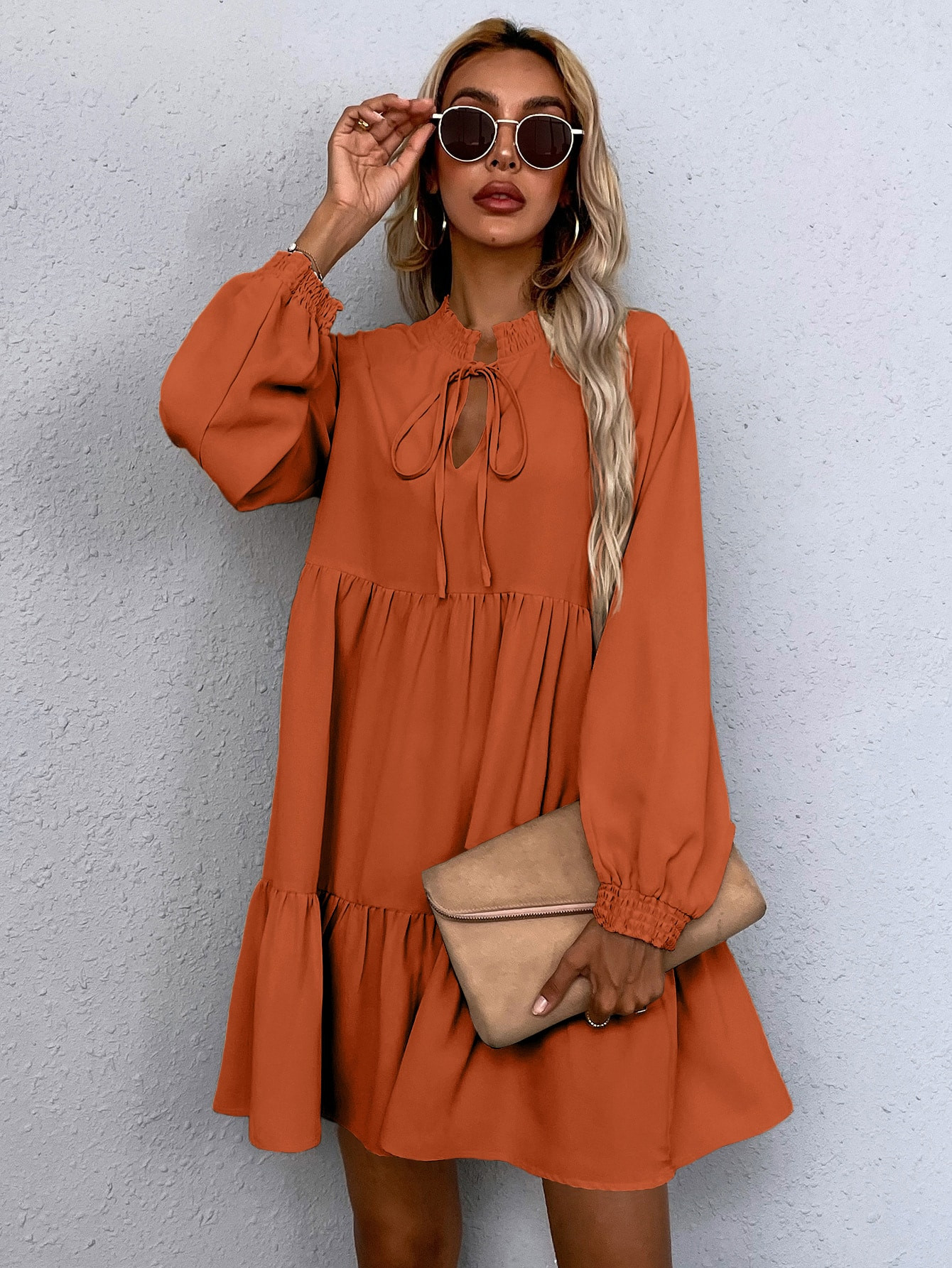 SHEIN LUNE Tie Neck Lantern Sleeve Smock Dress | SHEIN