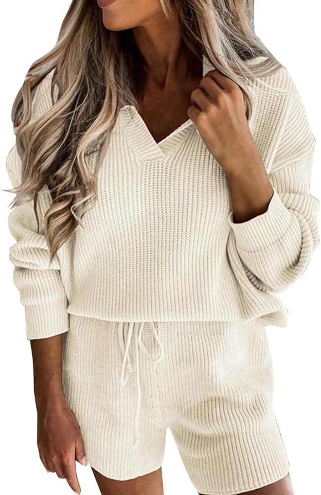 Women's Fashion Outfits Set Winter Causal Knit Two Piece Set V-neck Long Sleeve Sweater Drawstrin... | Amazon (US)