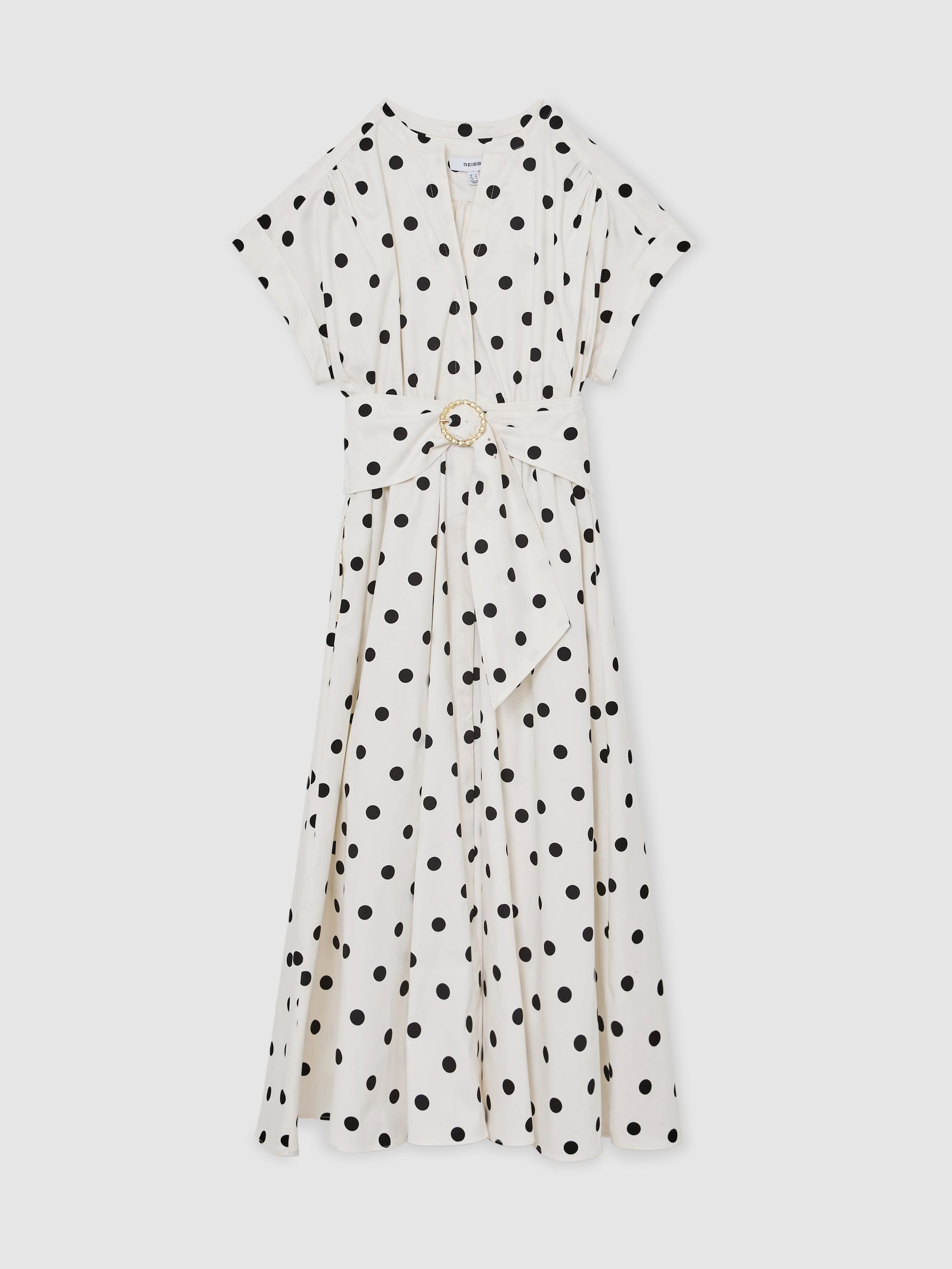 Reiss Cotton Belted Midi Dress with Stretch in Black/Ivory Polka-Dot - REISS | Reiss UK