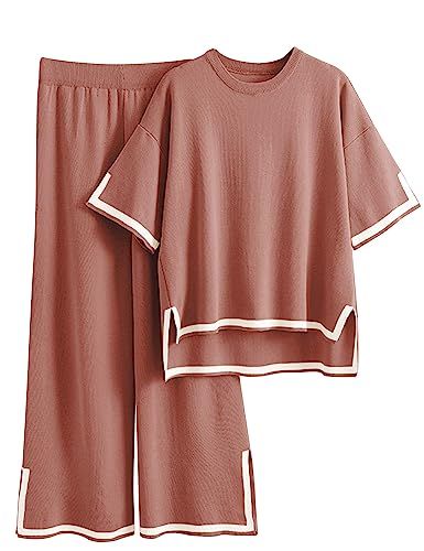 Tanming Sweater Sets Women 2 Piece Lounge Sets Short Sleeve Knit Pullover Tops Wide Leg Pants | Amazon (US)