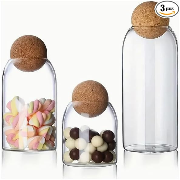 Glass Storage Jars with Ball Cork Lids - 3 Pcs Set, Decorative Round Glass Canisters, Wood Ball L... | Amazon (US)