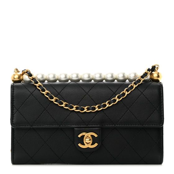 Lambskin Pearl Quilted Chic Pearls Clutch with Chain Black | FASHIONPHILE (US)