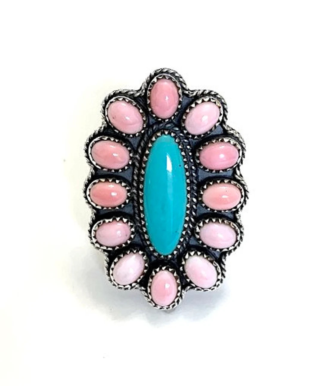 Pink Conch, Kingman Turquoise Cluster adjustable ring. 925 Sterling Silver | Etsy (US)