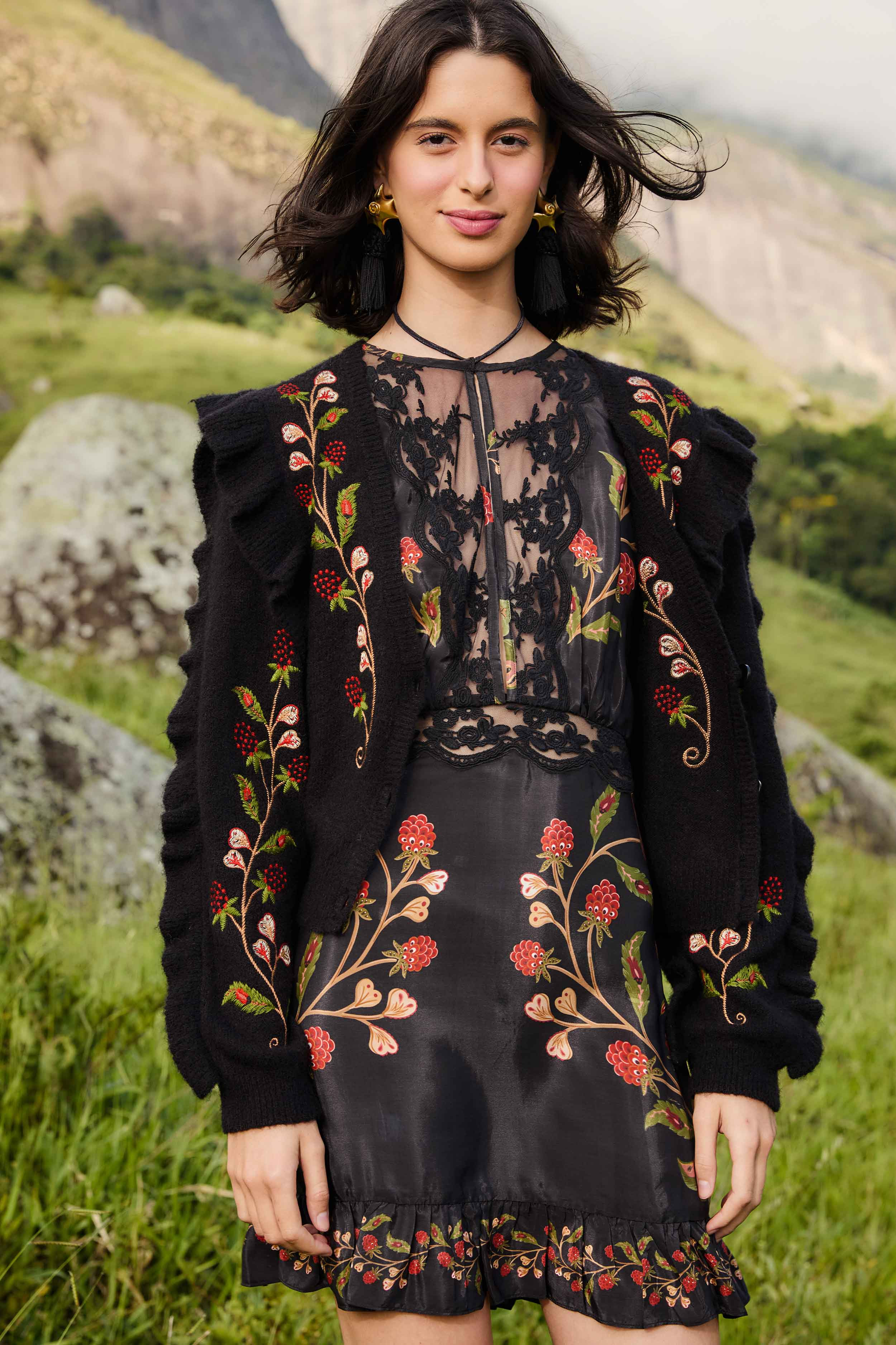 Black Berry Embroidery Knit Cardigan | FARM Rio | FarmRio (US)