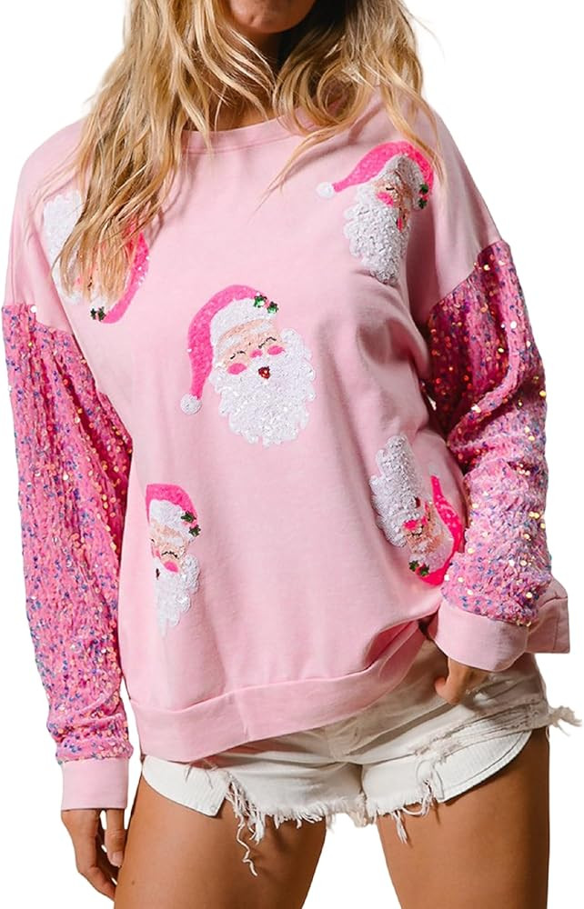 Seyumixi Women Christmas Sequined Long Sleeve Sweatshirt Cute Glitter Santa Holiday Crewneck Pull... | Amazon (US)