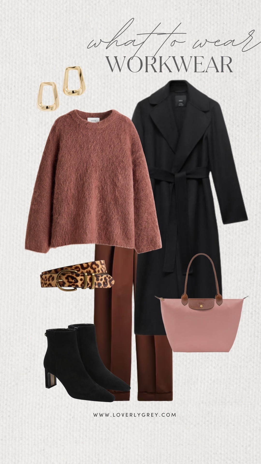 Loverly Grey, what to wear for work. I am loving these brown J.Crew pants paired with a H&M long sleeve sweater. I’d accessorize the look with gold earrings, a cheetah print belt, and a longchamp bag. Toss on a long black coat to stay warm and complete your look. Loverly Grey, what to wear, workwear 

#LTKWorkwear #LTKSeasonal #LTKgrwm
