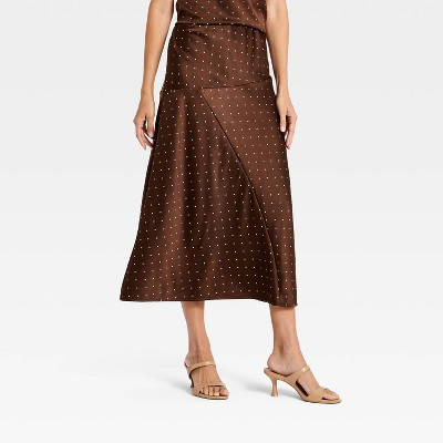 Women's Satin Midi Slip Skirt - A New Day™ Brown Dot 1X | Target